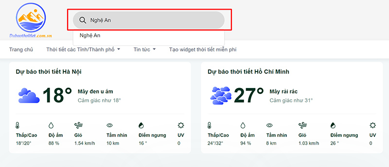 Nhập địa chỉ muốn xem thời tiết vào ô tìm kiếm